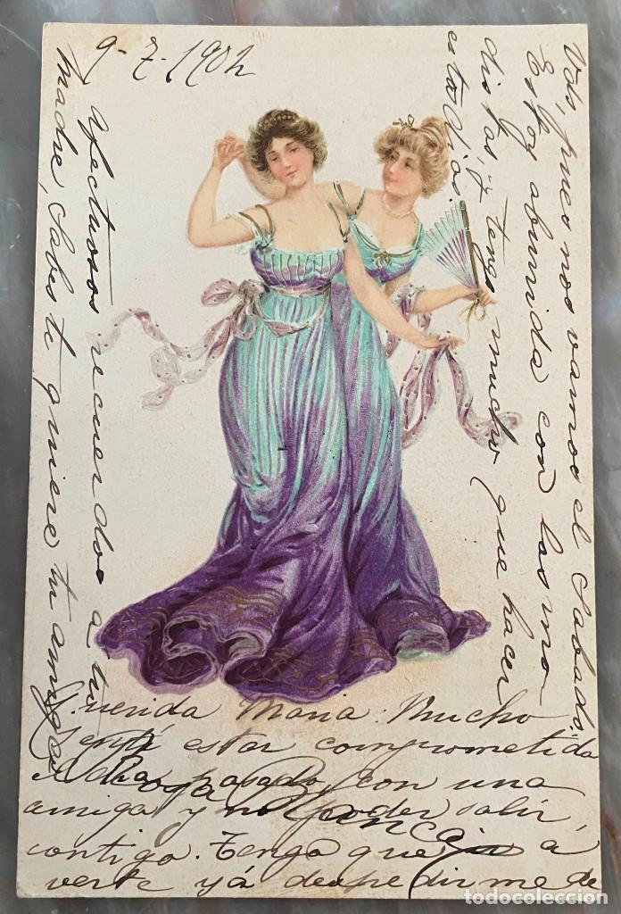 Postales: ART NOUVEAU, DOS NINFAS BAILANDO, TIPO VIENES, CIRCULADA EN 1902