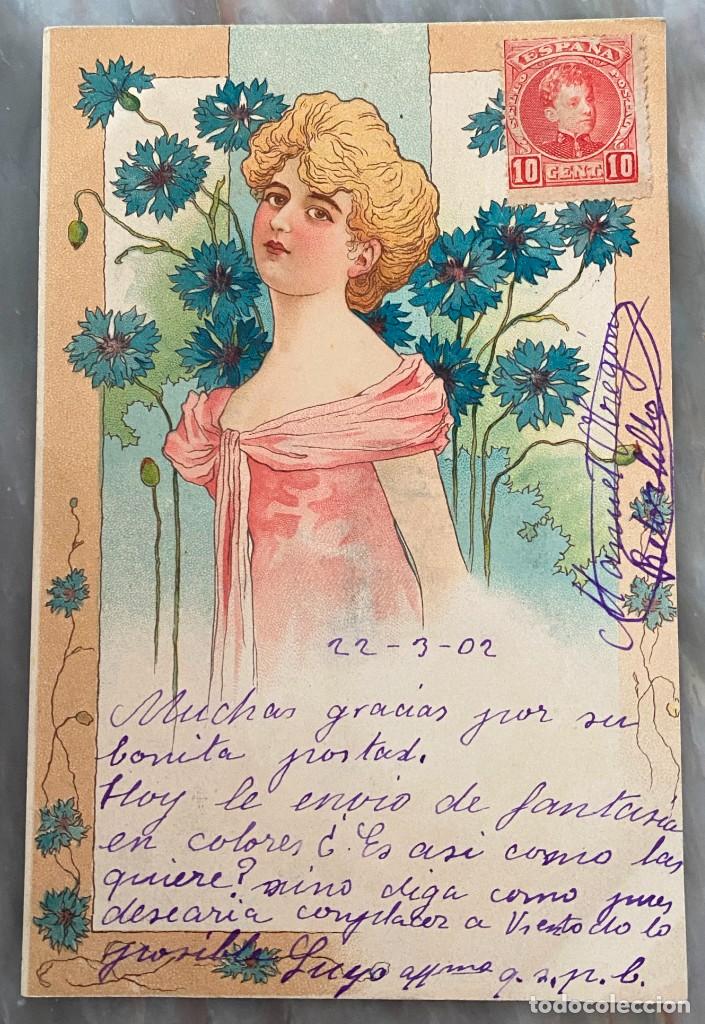 Postales: ART NOUVEAU, MUJER EN DECORADO FLORAL TIPO KIRCHNER, VIENES, CIRCULADA EN 1902