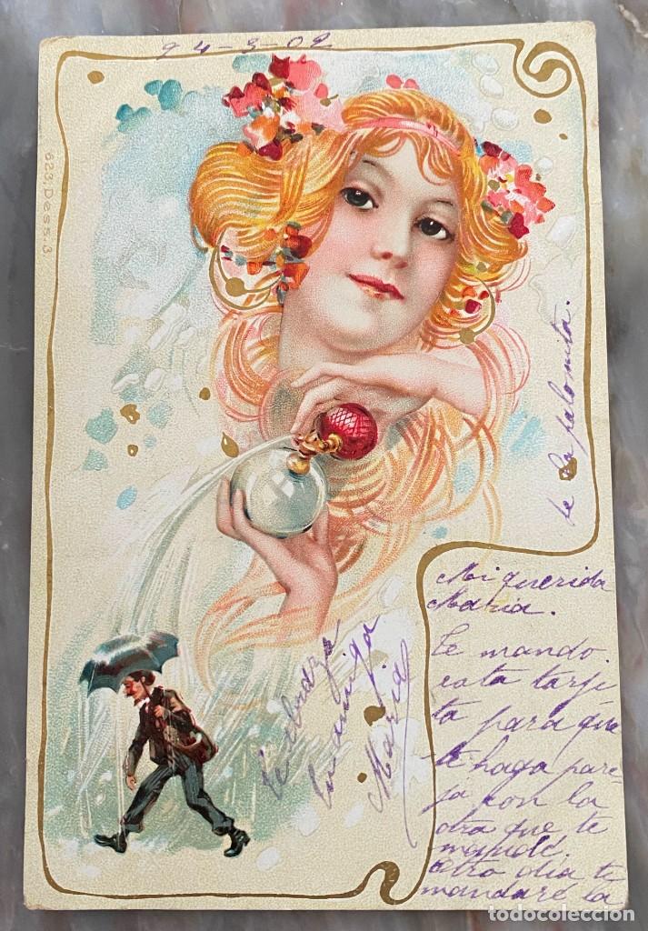Postales: ART NOUVEAU, MUJER EN DECORADO FLORAL TIPO KIRCHNER, VIENES, CIRCULADA EN 1902