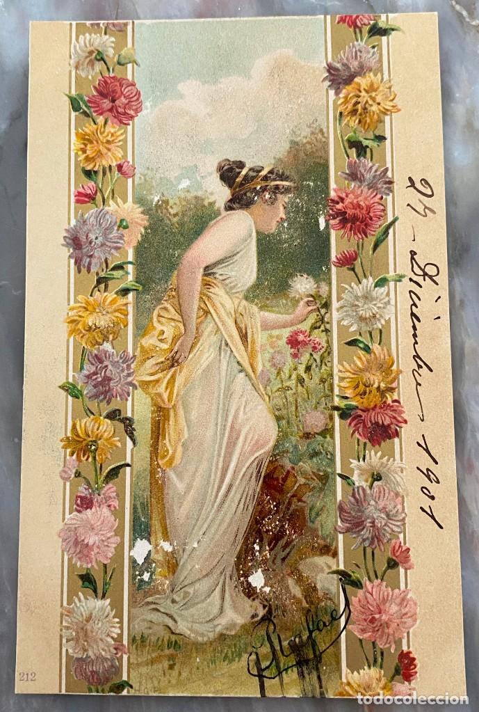 Postales: ART NOUVEAU, MUJER EN DECORADO FLORAL TIPO VIENES, CIRCULADA EN 1901, SELLO EN AZUL GABNETE PARTICUL