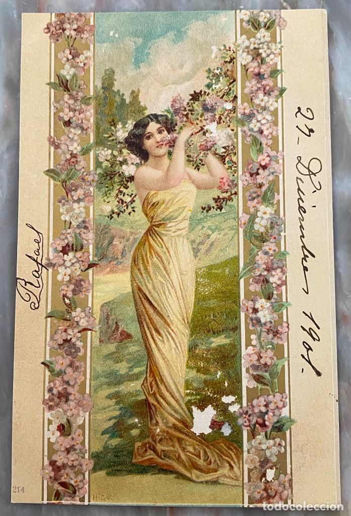 Postales: ART NOUVEAU, MUJER EN DECORADO FLORAL TIPO VIENES, CIRCULADA EN 1901, SELLO EN AZUL GABNETE PARTICUL