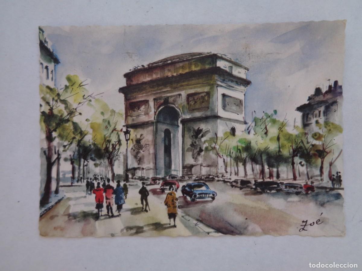 Postcards: POSTAL CON BONITO DIBUJO ACUARELA DE PARIS ( FRANCIA ): ARCO DEL TRIUNFO. A&Ntilde;OS 50. CIRCULADA A CADIZ