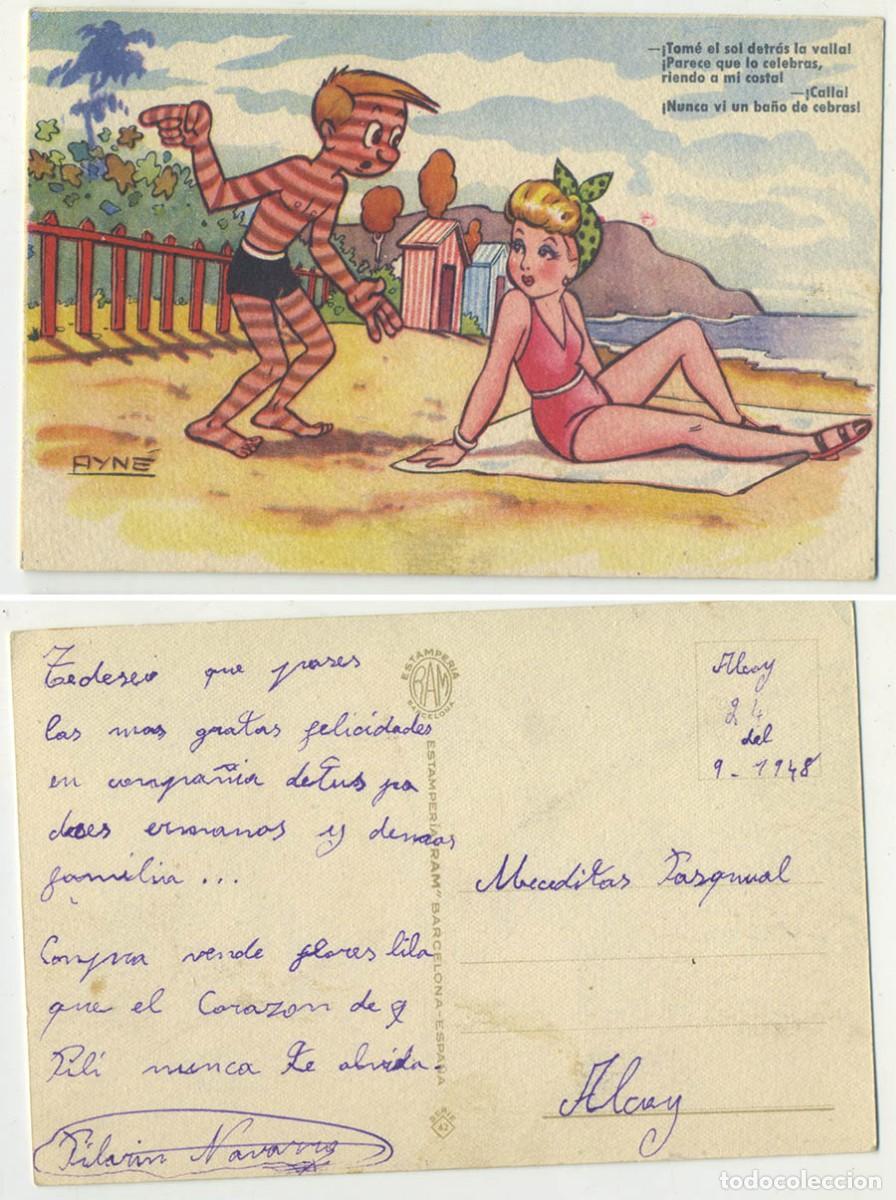 Postkarten: POSTAL ESTAMPERIA RAM 42 ILUSTRA AYNE PAREJA EN LA PLAYA ESCRITA EN 1948