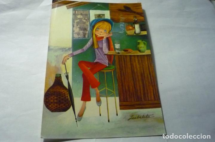 Postales: postal ni&ntilde;a sentada bar dibujo isabelita