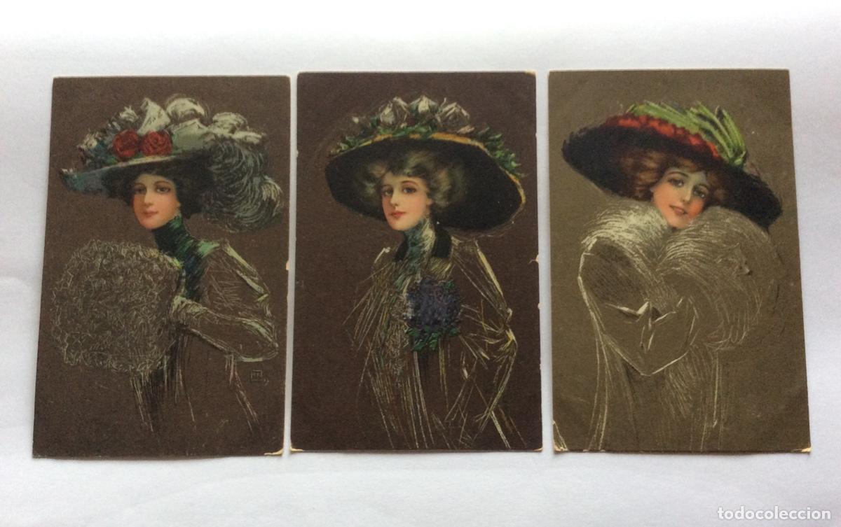Postales: 3 POSTAL ILUSTRADAS CROMOLITOGRAFIA. PFB 313C. DAMAS CON SOMBREROS. ART NOUVEAU, MODERNISTA.