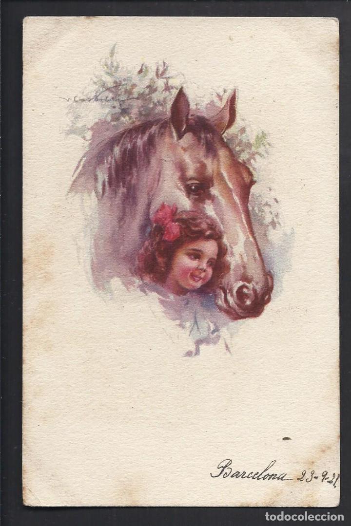 Postais: Postal infantil. Dibujo . Escrita 1921. Ni&ntilde;a con caballo