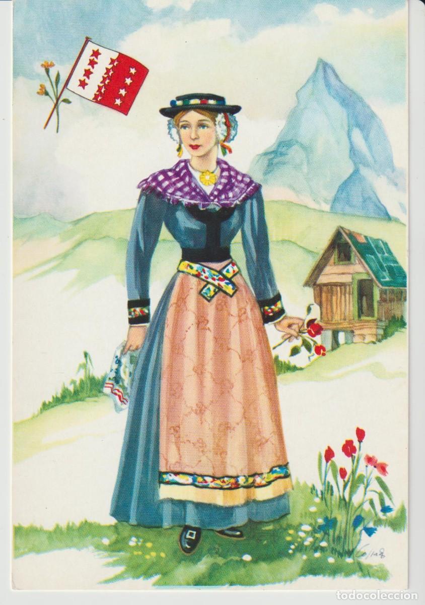 Postkarten: Postal de mujer con traje del cant&oacute;n suizo de Valais. Sin circular. Ref. 9