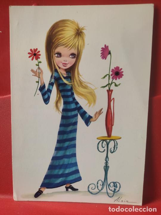 Postcards: ALAIN ILUSTRACION 1968 MUCHACHA JARRON FLORES CIRCULADA CYZ 6940