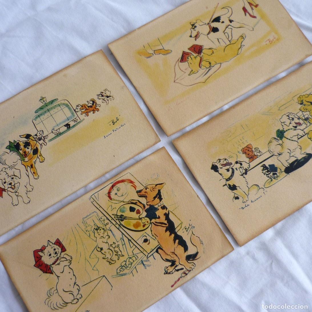Cartoline: 4 postales humor&iacute;sticas de perros, Les chiens de Paris, Firma Bob