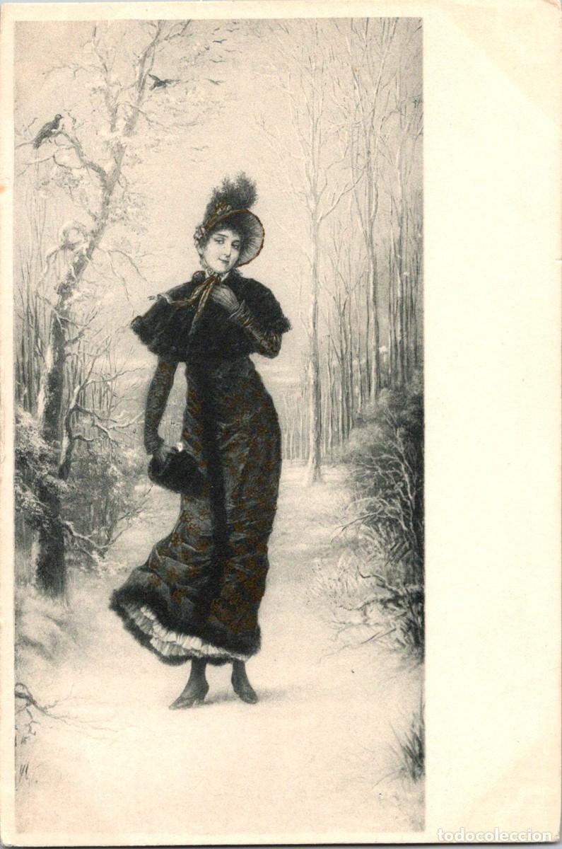 Postcards: Muchacha Luciendo Moda de la &Eacute;poca (2-Detalles Dorados-Postal Francesa Reverso sin Dividir- 140x94mm