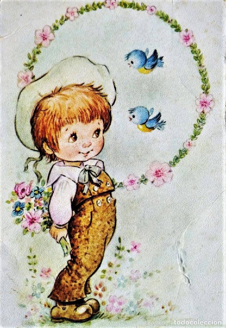 Postkarten: 2066K - SIMPATICA ILUSTRACI&Oacute;N, NI&Ntilde;O OCULTA RAMO DE FLORES EDICIONES M.D. SERIE 5438 3/3- 14,5X10 CM