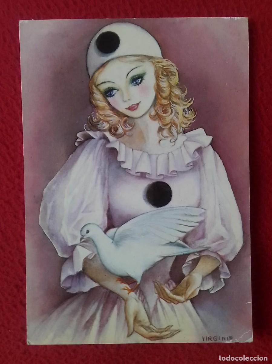 Postales: POSTAL CARTE POSTALE SERIE COLOMBINE MUJER FEMME WOMAN TIPO ARLEQU&Iacute;N CHICA CON PALOMA BLANCA PIGEON.