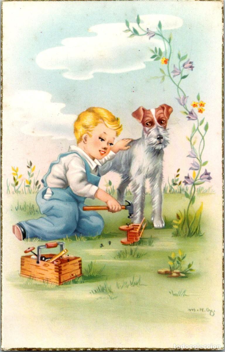 Postcards: Ni&ntilde;o Carpintero con Perro - Ilustra m.r.g. - Ed. C.yZ. 533/A - 137x88mm - Bordes dorados