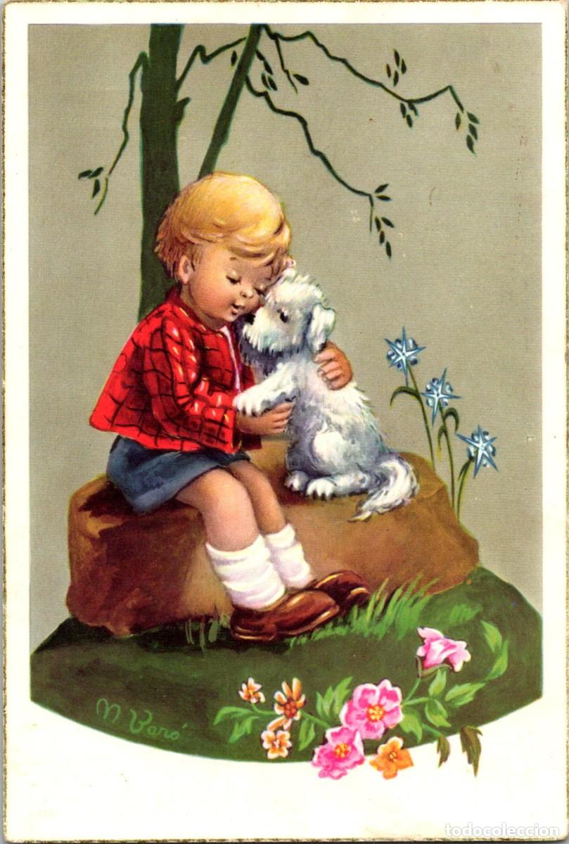 Postcards: Ni&ntilde;a con Perro en Oto&ntilde;o - Ilustra M. Bar&oacute; - Ed. C.yZ. 589/A n&ordm; 5 - 137x93mm - Bordes dorados