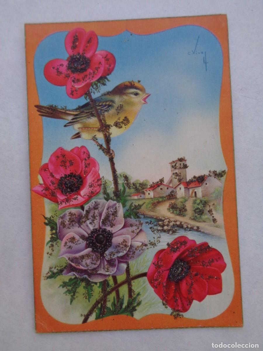 Postkarten: BONITA POSTAL CON DIBUJO DE PAJARITO Y FLORES , CON PURPURINA . A&Ntilde;OS 50