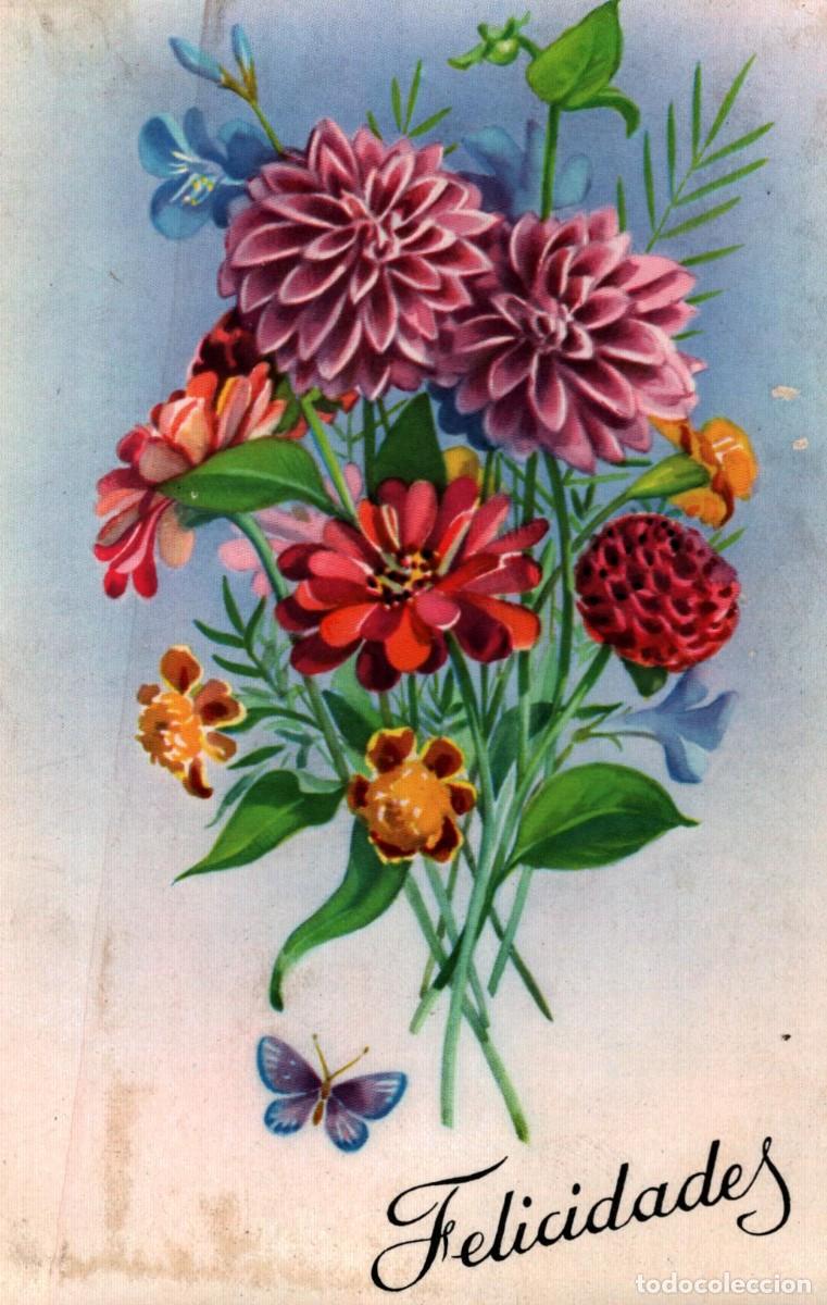 Postales: dibujo flores con felicidades escrita 1955
