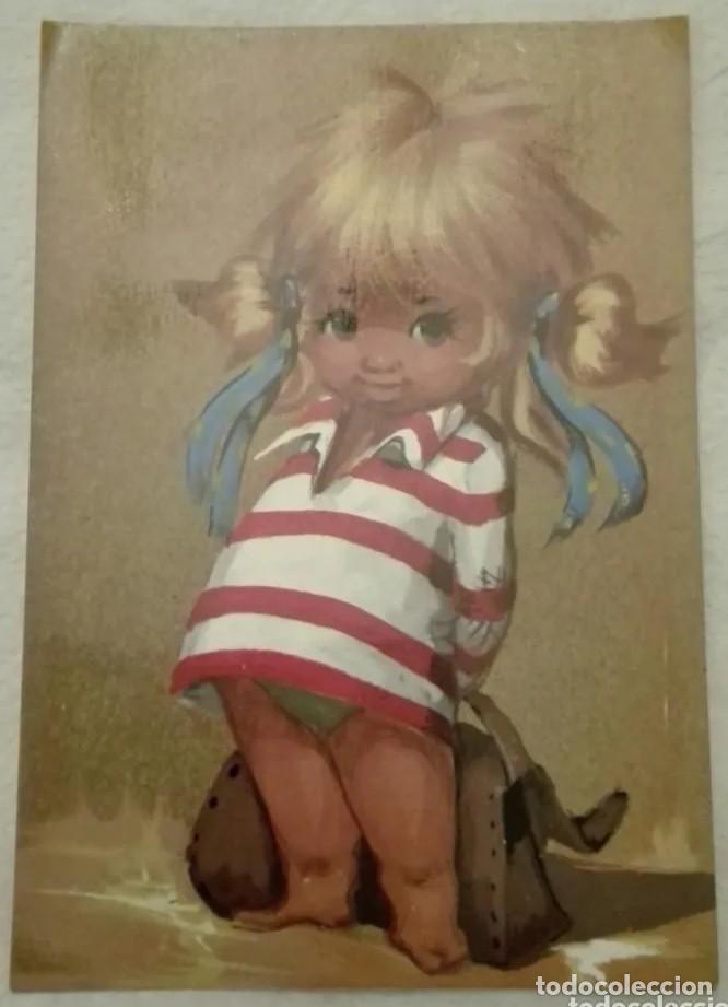 Postales: -73610 POSTAL DIBUJO NI&Ntilde;A CON COLETAS, CON MALETA, COLECCI&Oacute;N PERLA 280/1
