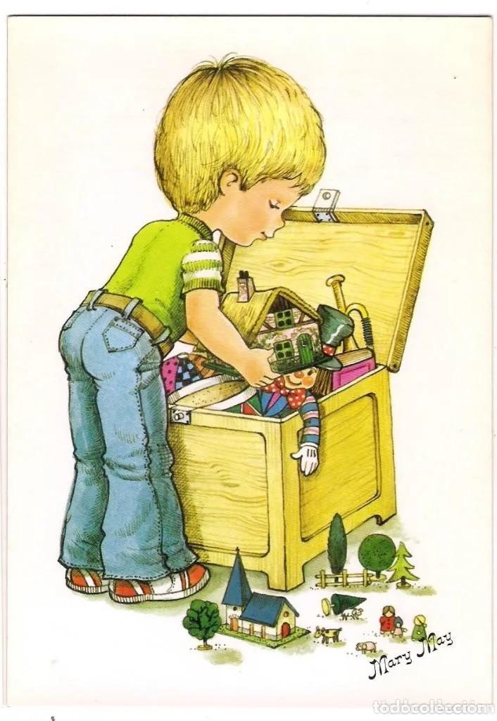 Postais: -87587 POSTAL DIBUJO NI&Ntilde;O CON BAUL JUGUETES, ILUSTRACION MARY MAY, COLECCION PERLA, N&ordm; 376/3, PAGSA