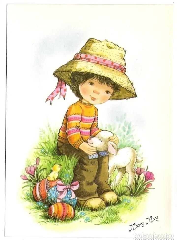 Postais: -87588 POSTAL DIBUJO NI&Ntilde;O CON HUEVOS PASCUA, ILUSTRACION MARY MAY, COLECCION PERLA, N&ordm; 452/2, PAGSA