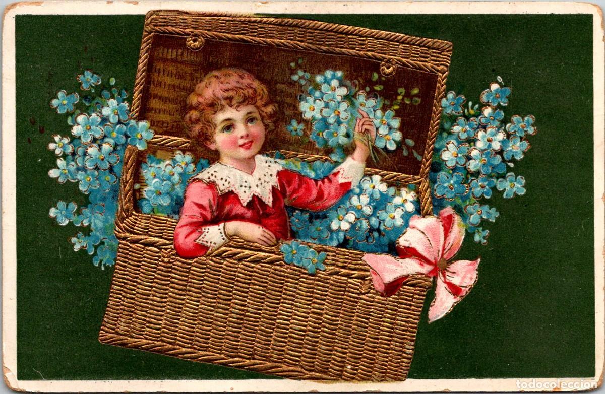 Postcards: Ni&ntilde;o - Ba&uacute;l -Flores - Postal Ilustrada -Con dorados y en relieve- n&ordm; 5369 -Sin m&aacute;s datos - 140x90mm