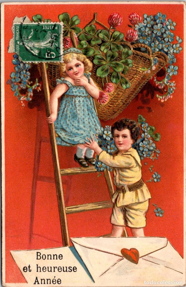 Postcards: Cuidado! - Bonne et heureuse Ann&eacute;e - Postal Ilustrada - Con dorados y en relieve - 140x90mm