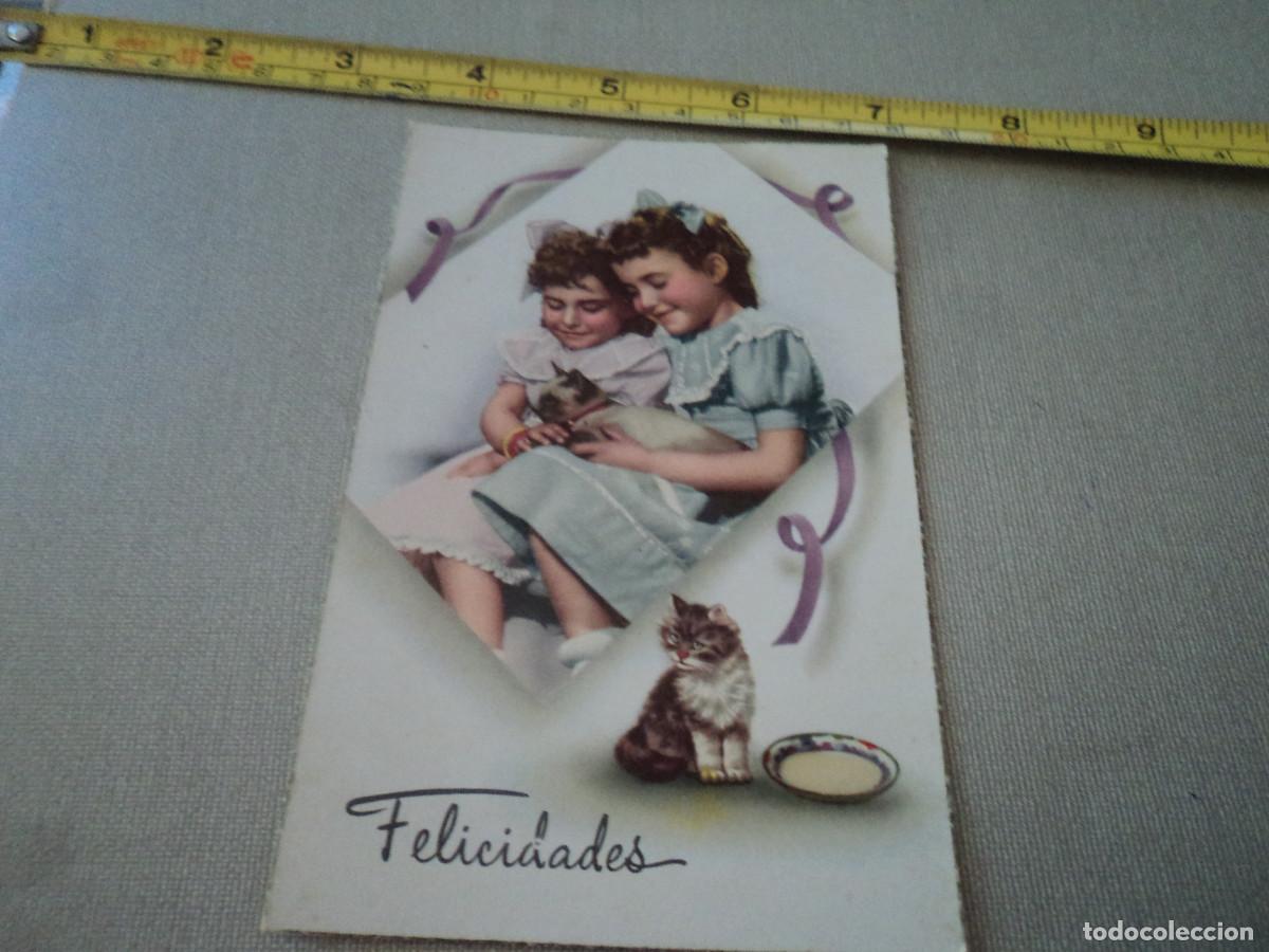 Postcards: FELICIDADES, C Y Z 575, NI&Ntilde;AS CON GATOS, CIRCULADA 1957