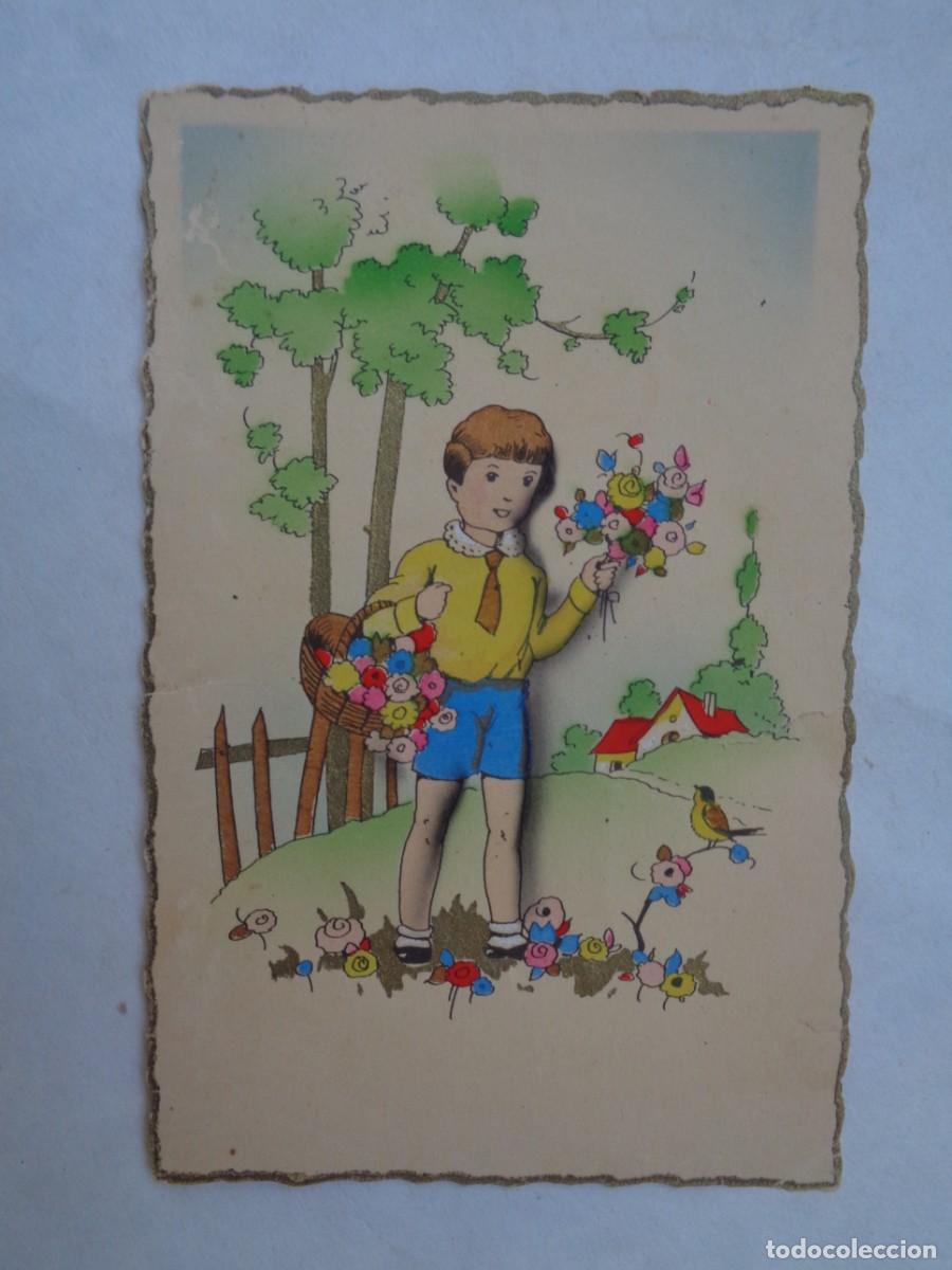 Cartoline: BONITA POSTAL CON DIBUJO DE NI&Ntilde;O COGIENDO FLORES . A&Ntilde;OS 40