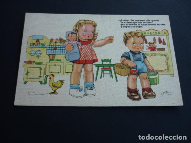 Postcards: NI&Ntilde;A MANDONA JUGANDO A LAS COCINAS BOMBON ILUSTRADOR POSTAL