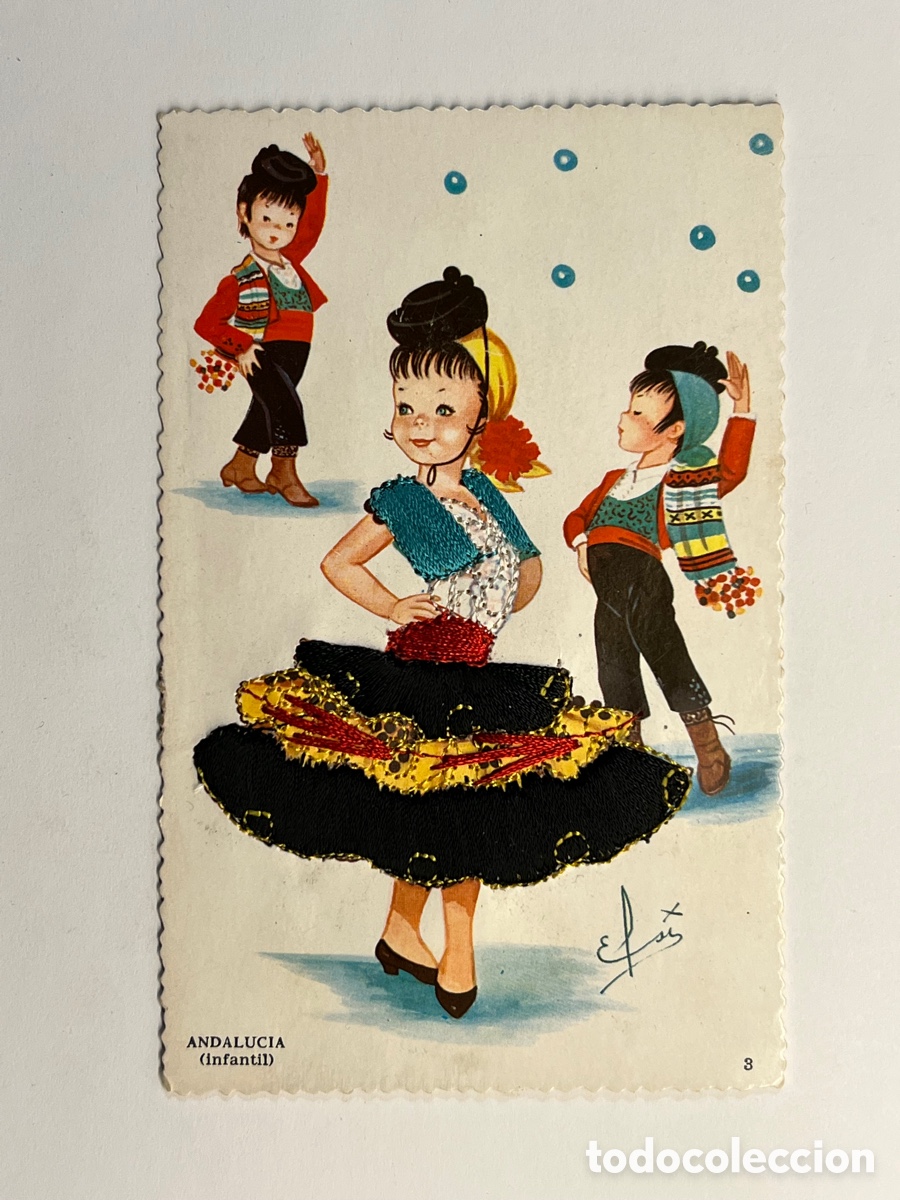 Cartoline: DIBUJOS Y CARICATURAS. Postal Bordada Andalucia Infantil No.3