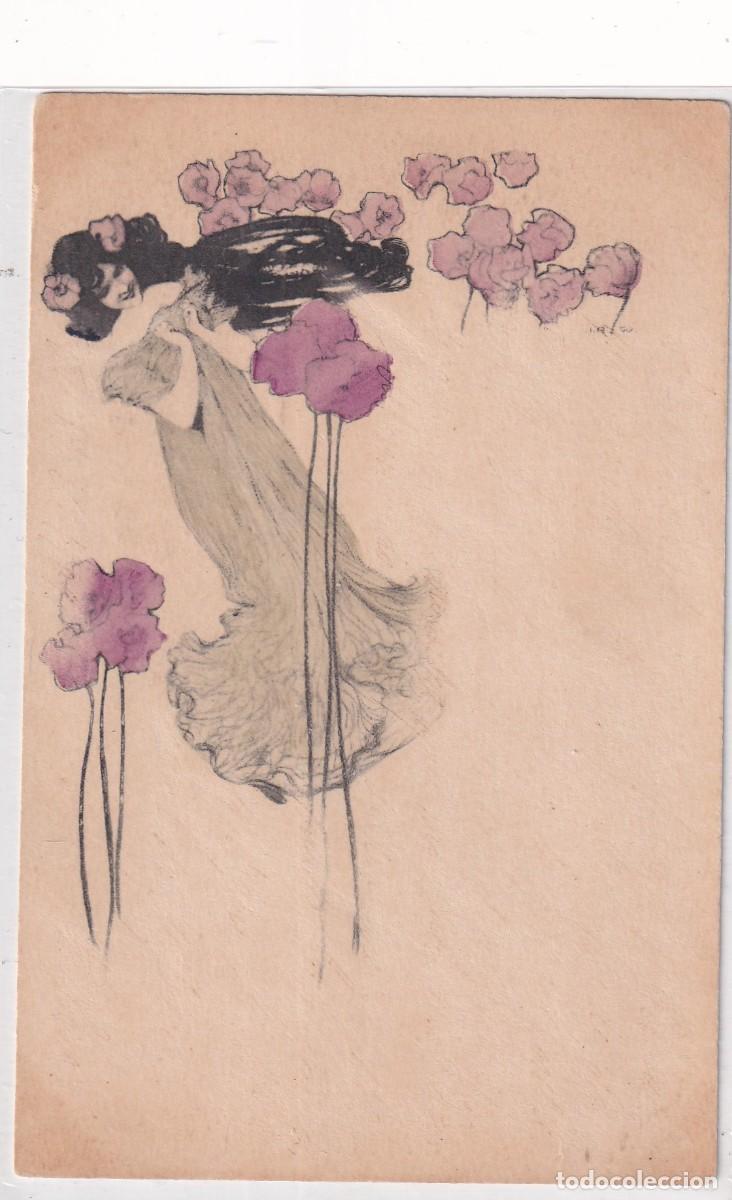 Cartoline: Postal mujer ilustrada mujer con flores. Reverso sin dividir. Escrita. Sin circular.