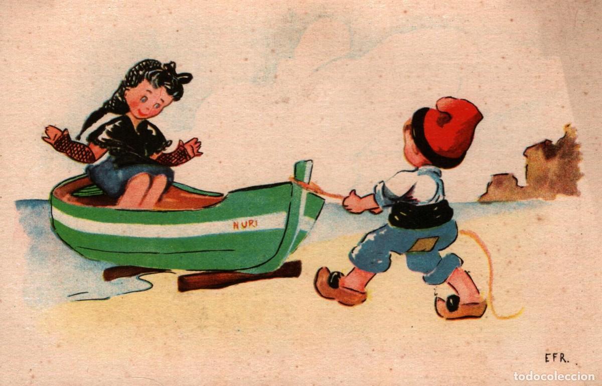 Cartoline: pareja catalanes con barca ed. C M B escrita