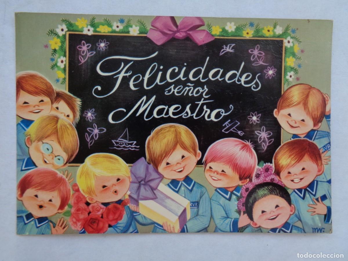 Postais: POSTAL CON BONITO DIBUJO DE NI&Ntilde;OS ESCOLARES PARA FELICITAR AL MAESTRO. A&Ntilde;OS 70