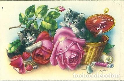 Postais: 5335- ZSOLT - EDICIONES PAJARITA SERIE 2337 D-ANTIGUA POSTAL COSTURERO CON SORPRESA- GATITOS- ROSAS