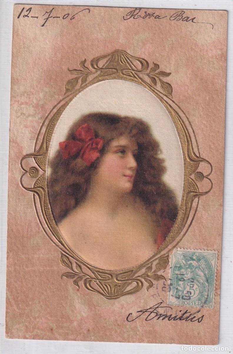 Postais: Postal ilustrada. Mujer con orla modernista. Circulada.