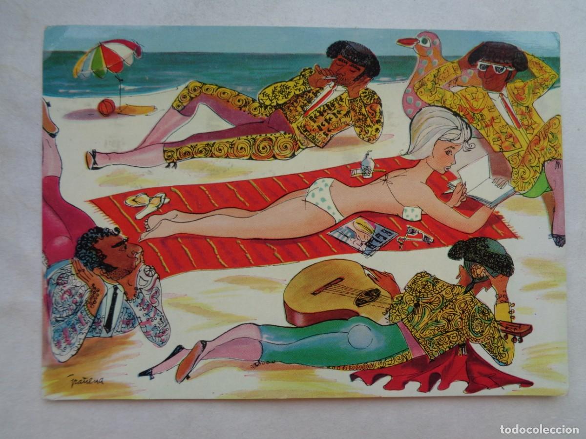 Postais: POSTAL CON GRACIOSO DIBUJO DE TURISTA EN BIKINI Y TOREROS AL SOL, A&Ntilde;OS 60