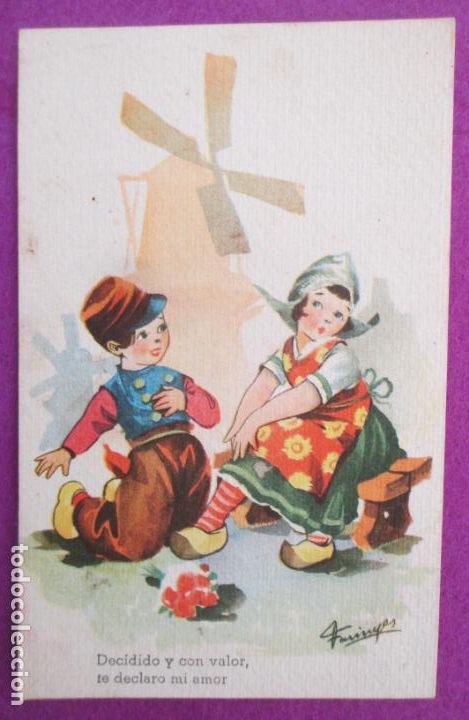 Cartoline: POSTAL ILUSTRADA FARI&Ntilde;AS DECIDIDO Y CON VALOR TE DECLARO MI AMOR SERIE 36 REVERSO PARTIDO