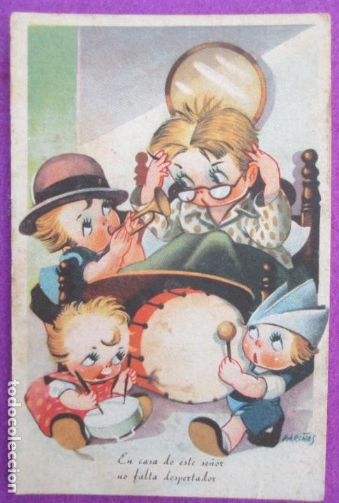 Cartoline: POSTAL ILUSTRADA FARI&Ntilde;AS EN CASA DE ESTE SE&Ntilde;OR NO FALTA DESPERTADOR NI&Ntilde;OS SERIE 958 REVERSO PARTIDO