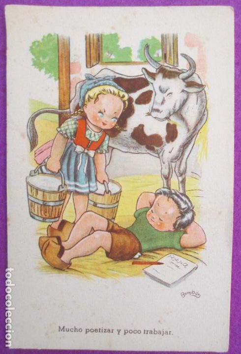 Cartoline: POSTAL ILUSTRADA BOMBON NI&Ntilde;OS ANIMALES VACA MUCHO POETIZAR Y POCO TRABAJAR SERIE 85 REVERSO PARTIDO