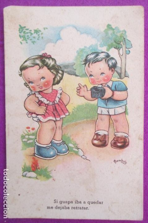Cartoline: POSTAL ILUSTRADA BOMBON NI&Ntilde;OS HACIENDO FOTOS SERIE 83 REVERSO PARTIDO