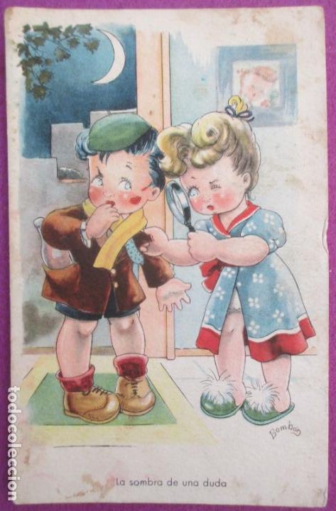 Cartoline: POSTAL ILUSTRADA BOMBON NI&Ntilde;OS LA SOMBRA DE UNA DUDA SERIE 84 REVERSO PARTIDO