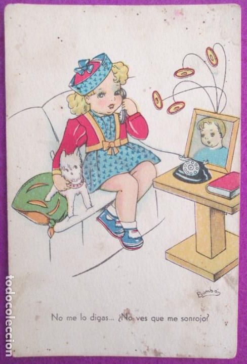 Cartoline: POSTAL ILUSTRADA BOMBON NI&Ntilde;A AL TELEFONO PERRO SERIE 15 REVERSO PARTIDO