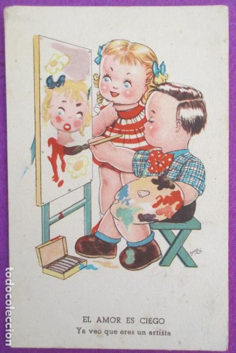 Cartoline: POSTAL ILUSTRADA BOMBON NI&Ntilde;OS PINTANDO EL AMOR ES CIEGO SERIE 91 REVERSO PARTIDO