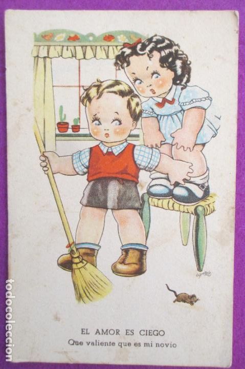 Cartoline: POSTAL ILUSTRADA BOMBON NI&Ntilde;OS CAZANDO RATON SERIE 91 REVERSO PARTIDO