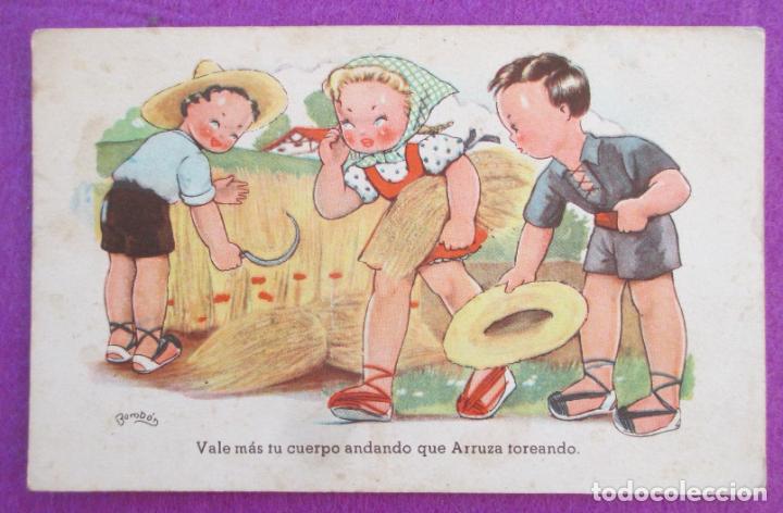 Cartoline: POSTAL ILUSTRADA BOMBON NI&Ntilde;OS SEGANDO SERIE 85 REVERSO PARTIDO