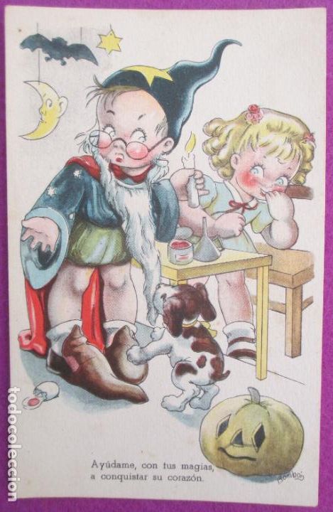 Cartoline: POSTAL ILUSTRADA BOMBON NI&Ntilde;OS MAGOS PERRO SERIE 3051 REVERSO PARTIDO