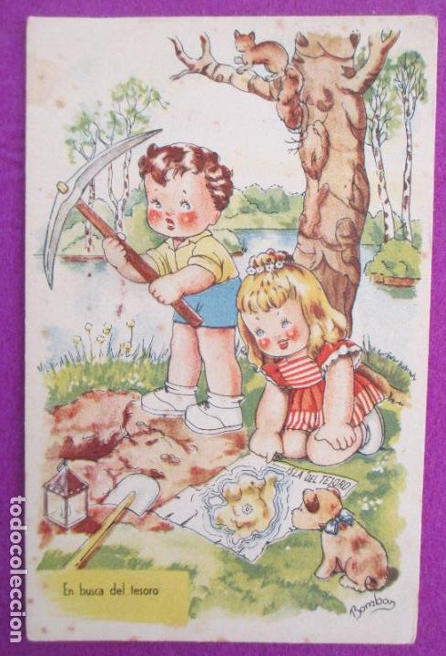 Cartoline: POSTAL ILUSTRADA BOMBON NI&Ntilde;OS EN BUSCA DEL TESORO PERRO SERIE 127 REVERSO PARTIDO