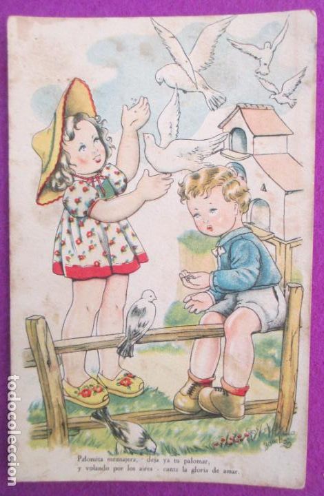 Cartoline: POSTAL ILUSTRADA BOMBON NI&Ntilde;OS PALOMAS SERIE 101 REVERSO PARTIDO
