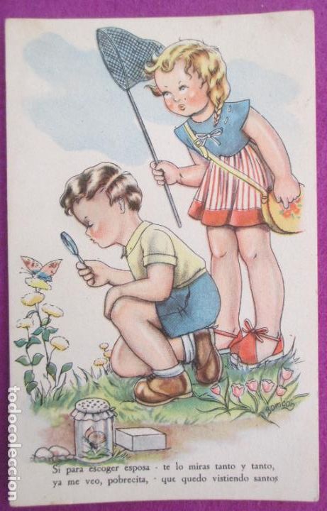 Cartoline: POSTAL ILUSTRADA BOMBON NI&Ntilde;OS CAZANDO MARIPOSAS SERIE REVERSO PARTIDO