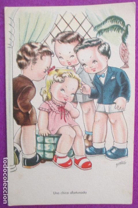 Cartoline: POSTAL ILUSTRADA BOMBON NI&Ntilde;OS UNA CHICA AFORTUNADA SERIE 96 REVERSO PARTIDO