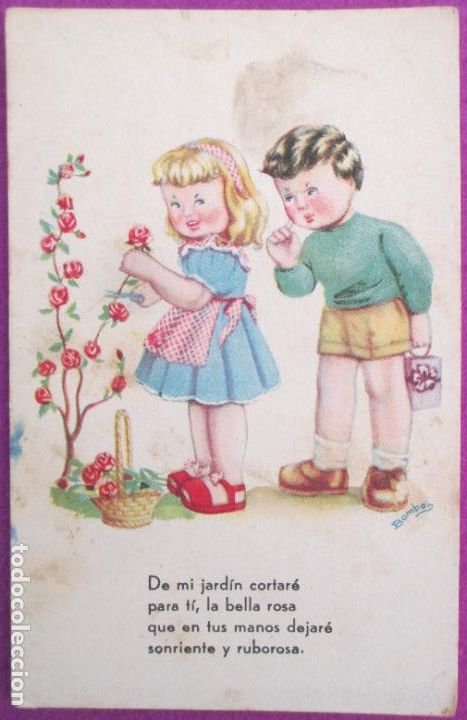 Cartoline: POSTAL ILUSTRADA BOMBON NI&Ntilde;OS EN JARDIN SERIE 50 REVERSO PARTIDO
